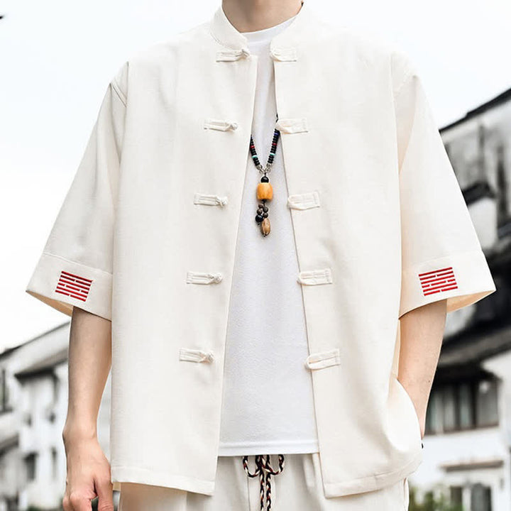 Buddha Stones Koszule męskie z krótkim rękawem w stylu Summer Tang Style Frog Button Solid - image 10