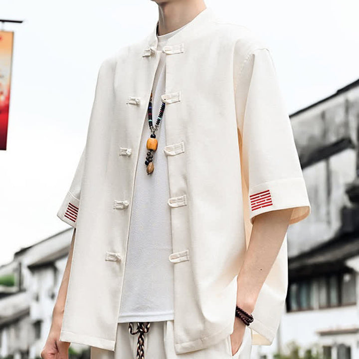 Buddha Stones Koszule męskie z krótkim rękawem w stylu Summer Tang Style Frog Button Solid - image 11