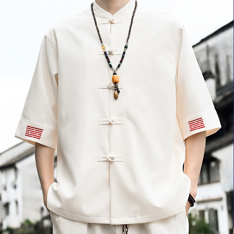 Buddha Stones Koszule męskie z krótkim rękawem w stylu Summer Tang Style Frog Button Solid - image 9