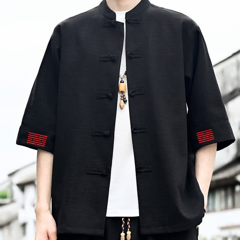 Buddha Stones Koszule męskie z krótkim rękawem w stylu Summer Tang Style Frog Button Solid - Czarny - US/UK/AU46， EU56 (5XL) - image 0