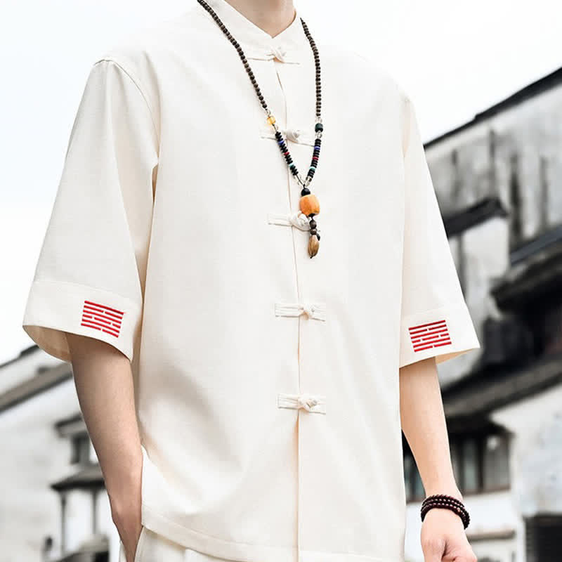 Buddha Stones Koszule męskie z krótkim rękawem w stylu Summer Tang Style Frog Button Solid - image 12