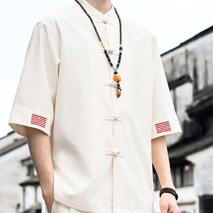 Buddha Stones Koszule męskie z krótkim rękawem w stylu Summer Tang Style Frog Button Solid - image 12