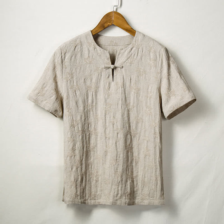 Buddha Stones Koszule męskie z krótkim rękawem Summer Tang Style One Frog Button Solid Leaf Texture - Bielizna - US/UK/AU44， EU54 (4XL) - image 0