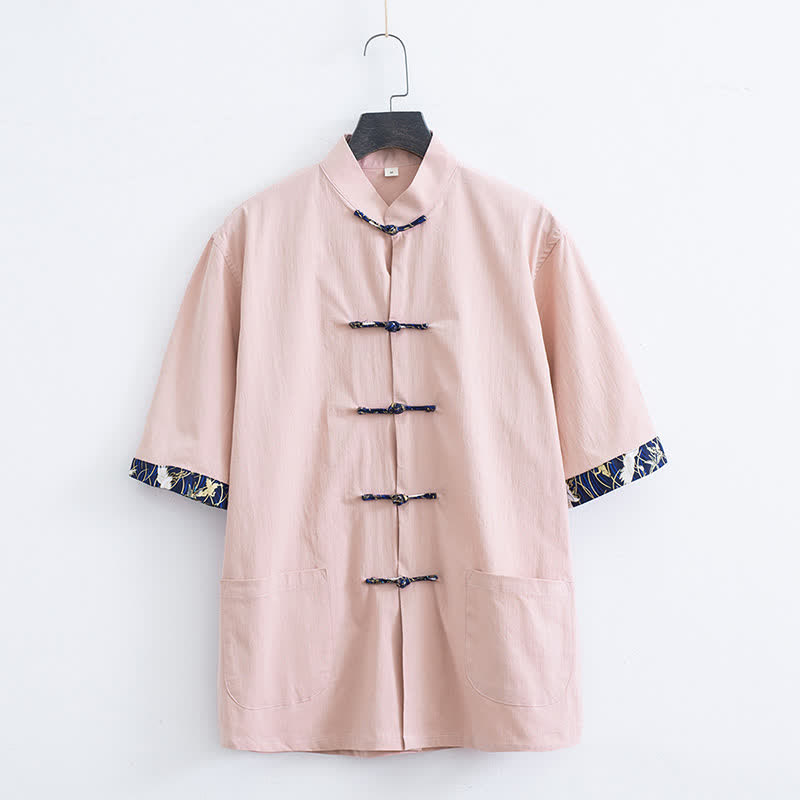 Buddha Stones Koszula męska z krótkim rękawem i kieszeniami w stylu Summer Tang, z kołnierzykiem stójkowym i guzikami typu żabka - RosyBrown - US/UK/AU44， EU54 (4XL) - image 1