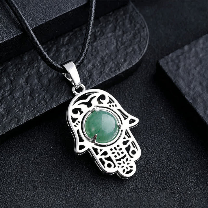 Buddha Stones Naszyjnik z kryształu z naturalnego czarnego obsydianu i palmy Hamsa - Naturalny zielony awenturyn (kolor może się różnić) - image 4