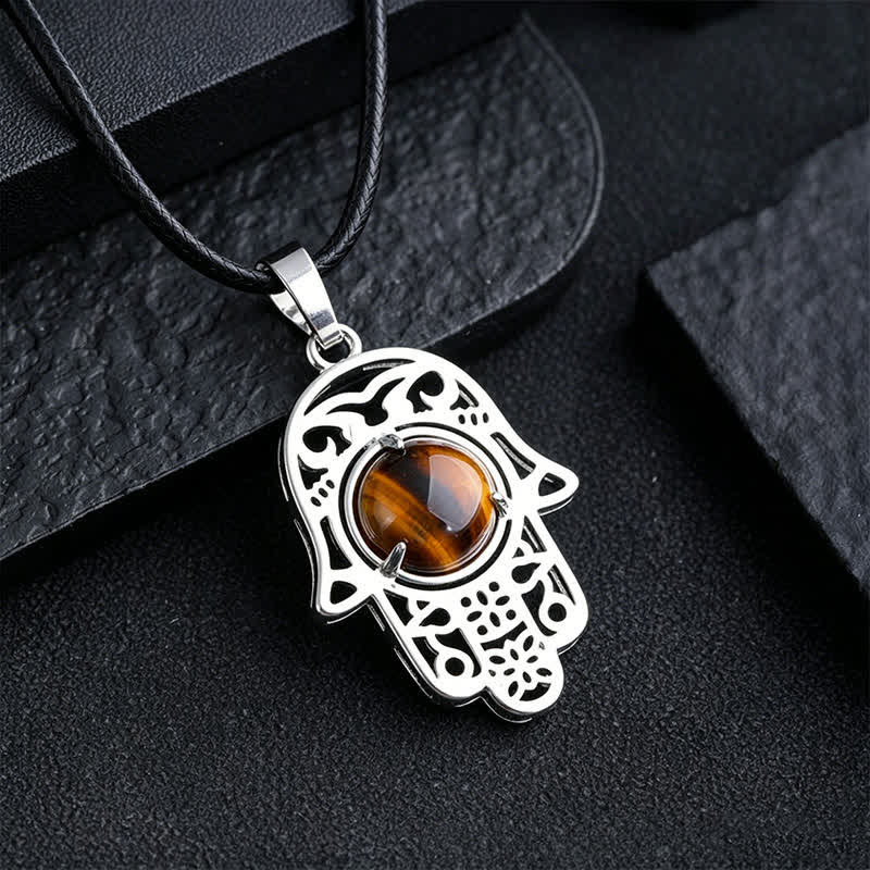 Buddha Stones Naszyjnik z kryształu z naturalnego czarnego obsydianu i palmy Hamsa - Naturalne tygrysie oko (kolor może się różnić) - image 8