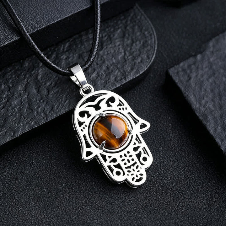 Buddha Stones Naszyjnik z kryształu z naturalnego czarnego obsydianu i palmy Hamsa - Naturalne tygrysie oko (kolor może się różnić) - image 8