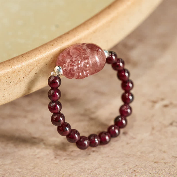 Buddha Stones 3 mm Mini koraliki z naturalnego kamienia księżycowego, turmalinu, granatu i perły, kwarcu truskawkowego, elastyczny pierścień leczniczy PiXiu - Granat naturalny 52 mm-53 mm (kolor może się różnić) - image 0