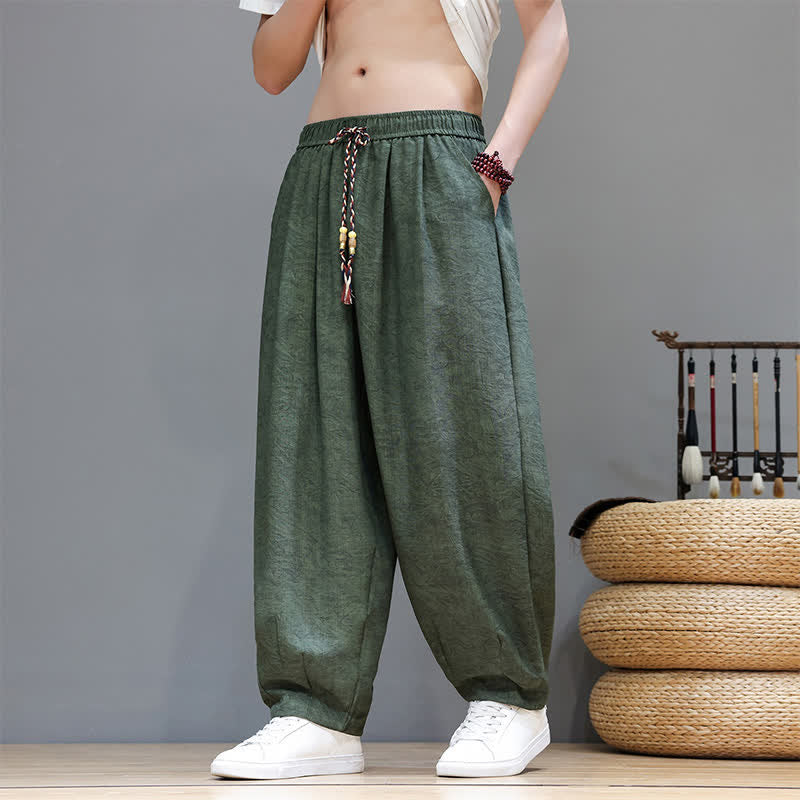 Buddha Stones Letnie spodnie haremowe męskie w stylu boho ze ściągaczem i wzorem roślinnym, z kieszeniami - DarkOliveGreen - US/UK/AU48， EU58 (6XL) - image 0