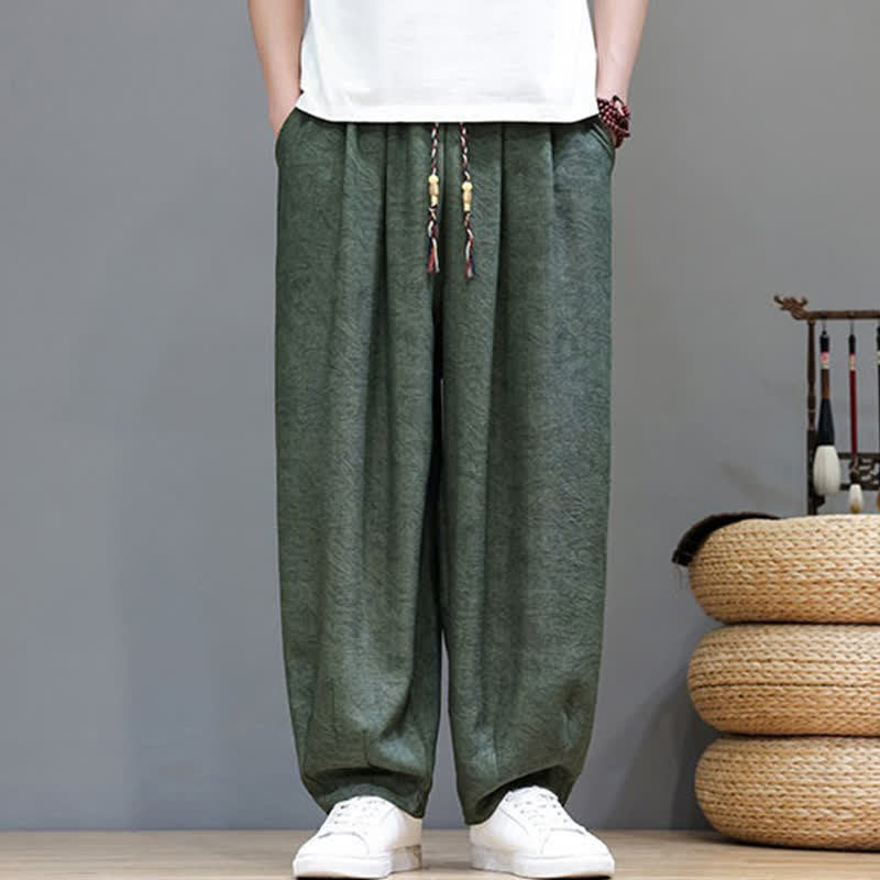 Buddha Stones Letnie spodnie haremowe męskie w stylu boho ze ściągaczem i wzorem roślinnym, z kieszeniami - image 1