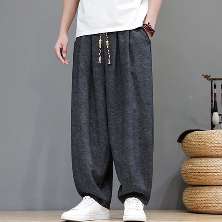 Buddha Stones Letnie spodnie haremowe męskie w stylu boho ze ściągaczem i wzorem roślinnym, z kieszeniami - image 12