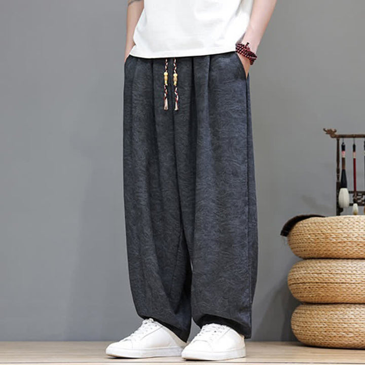 Buddha Stones Letnie spodnie haremowe męskie w stylu boho ze ściągaczem i wzorem roślinnym, z kieszeniami - image 16