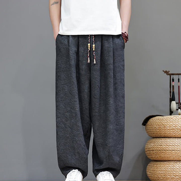 Buddha Stones Letnie spodnie haremowe męskie w stylu boho ze ściągaczem i wzorem roślinnym, z kieszeniami - image 13