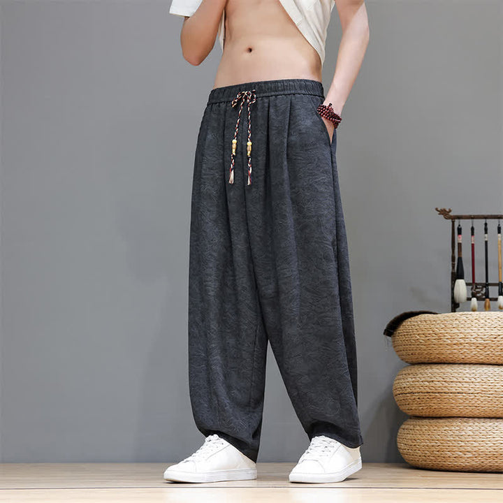 Buddha Stones Letnie spodnie haremowe męskie w stylu boho ze ściągaczem i wzorem roślinnym, z kieszeniami - DimGray - US/UK/AU48， EU58 (6XL) - image 9