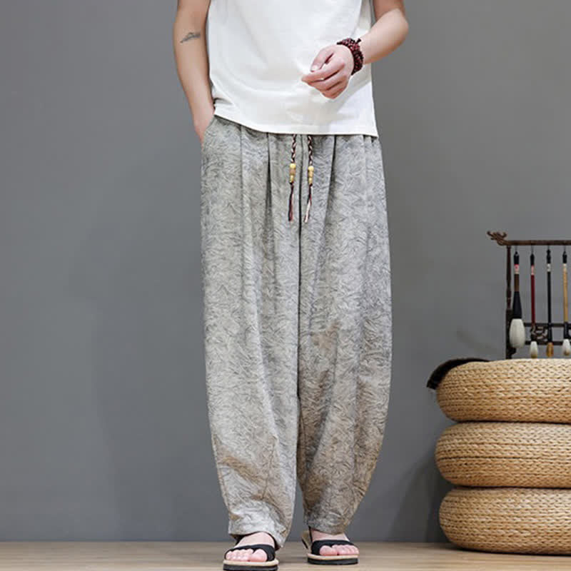 Buddha Stones Letnie spodnie haremowe męskie w stylu boho ze ściągaczem i wzorem roślinnym, z kieszeniami - image 21