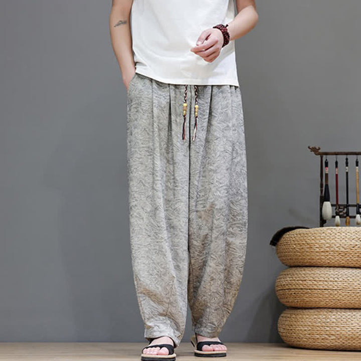 Buddha Stones Letnie spodnie haremowe męskie w stylu boho ze ściągaczem i wzorem roślinnym, z kieszeniami - image 21