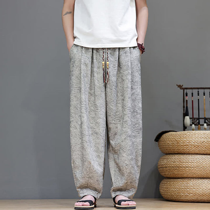Buddha Stones Letnie spodnie haremowe męskie w stylu boho ze ściągaczem i wzorem roślinnym, z kieszeniami - image 24