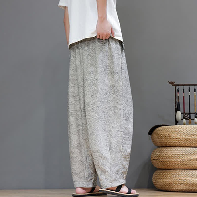 Buddha Stones Letnie spodnie haremowe męskie w stylu boho ze ściągaczem i wzorem roślinnym, z kieszeniami - image 23