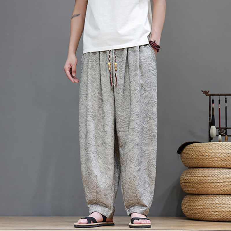 Buddha Stones Letnie spodnie haremowe męskie w stylu boho ze ściągaczem i wzorem roślinnym, z kieszeniami - image 26