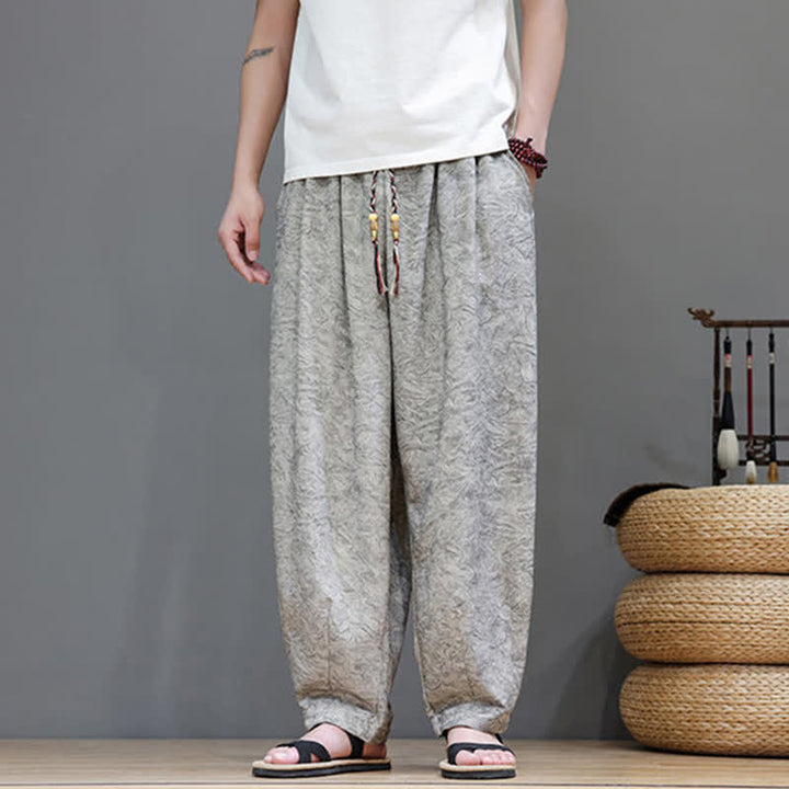 Buddha Stones Letnie spodnie haremowe męskie w stylu boho ze ściągaczem i wzorem roślinnym, z kieszeniami - image 26