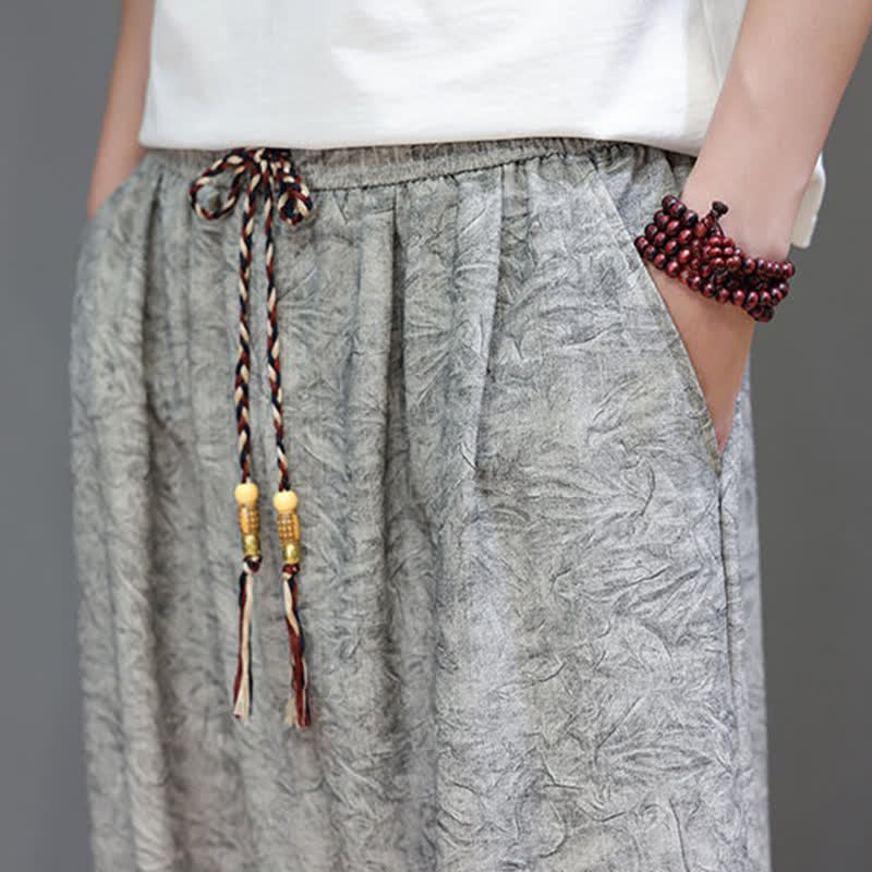 Buddha Stones Letnie spodnie haremowe męskie w stylu boho ze ściągaczem i wzorem roślinnym, z kieszeniami - image 32