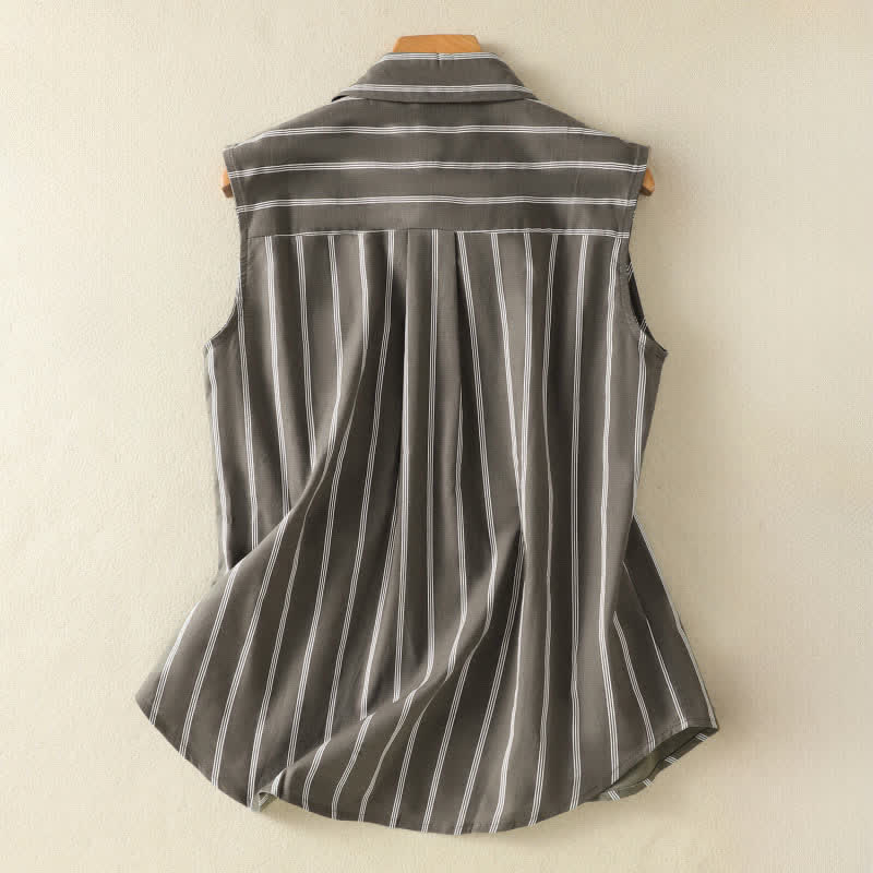 Buddha Stones Letnie, vintage'owe, damskie koszule bez rękawów w paski z kieszeniami naszywanymi - image 1