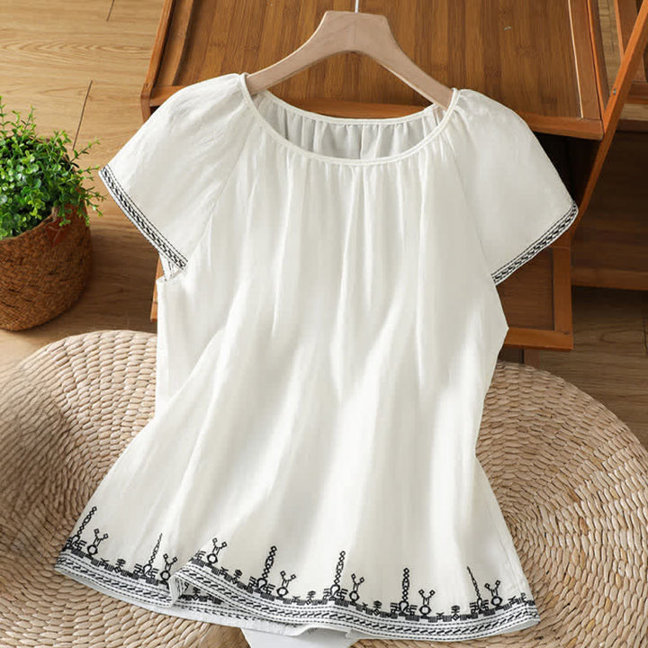Buddha Stones Letnie koszulki damskie z krótkim rękawem w stylu boho z haftowanymi kwiatami - Biały - US12, UK/AU16, EU44 (2XL) - image 6