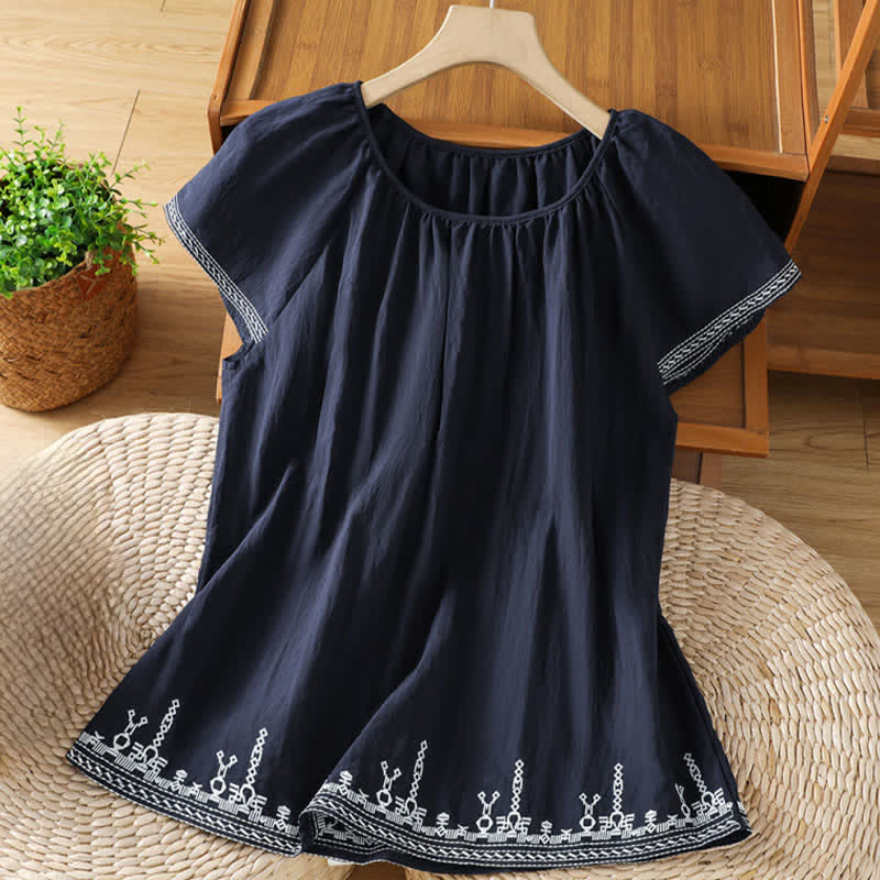 Buddha Stones Letnie koszulki damskie z krótkim rękawem w stylu boho z haftowanymi kwiatami - MidnightBlue - US12, UK/AU16, EU44 (2XL) - image 0