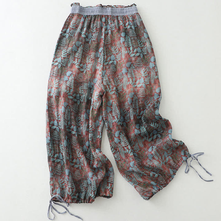 Buddha Stones Letnie damskie spodnie w stylu boho ze ściągaczem i nadrukiem w liście, proste nogawki i kieszeniami - RosyBrown - US14, UK/AU18, EU46 (2XL) - image 0