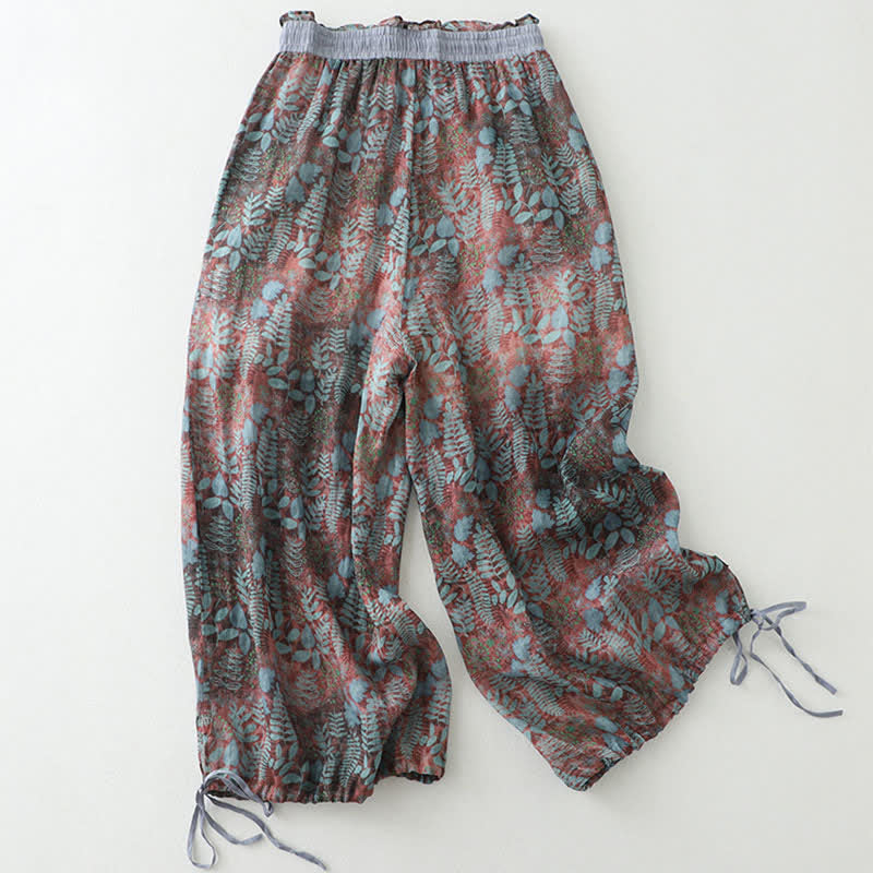Buddha Stones Letnie damskie spodnie w stylu boho ze ściągaczem i nadrukiem w liście, proste nogawki i kieszeniami - RosyBrown - US14, UK/AU18, EU46 (2XL) - image 0