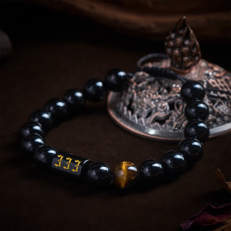 Buddha Stones Bransoletka z naturalnym czarnym obsydianem i tygrysim okiem, numer anioła, spełniająca siłę - image 2