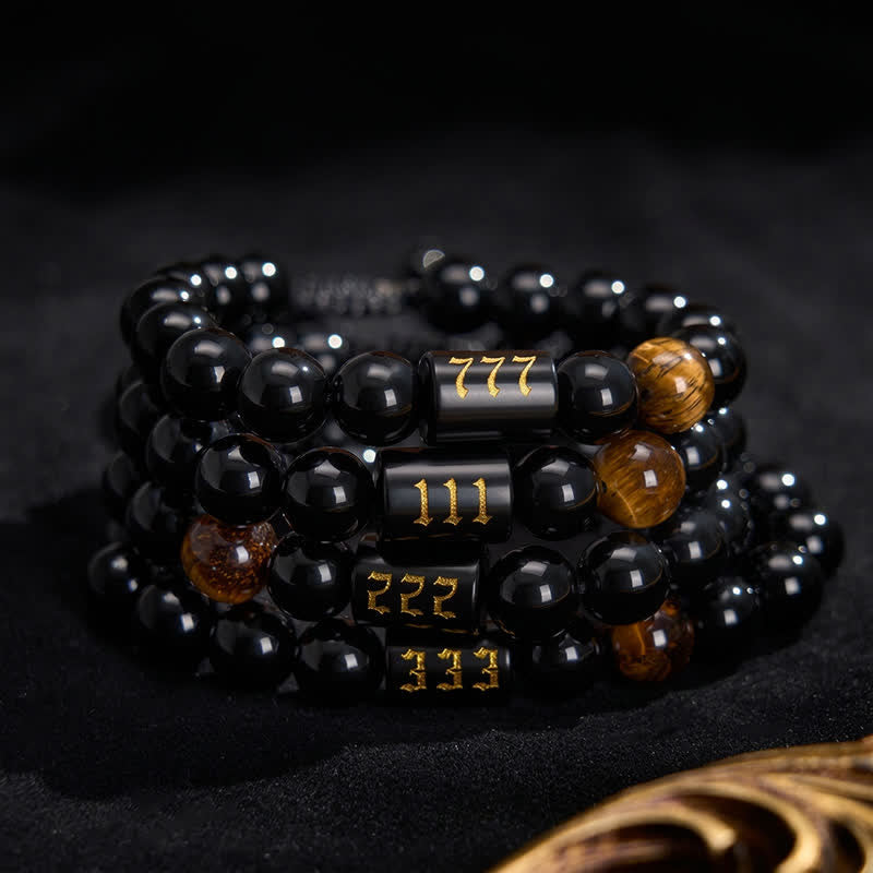 Buddha Stones Bransoletka z naturalnym czarnym obsydianem i tygrysim okiem, numer anioła, spełniająca siłę - image 33