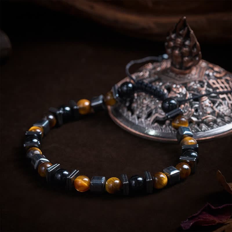 Buddha Stones Naturalna bransoletka z czarnego obsydianu i hematytu z tygrysiego oka - image 3