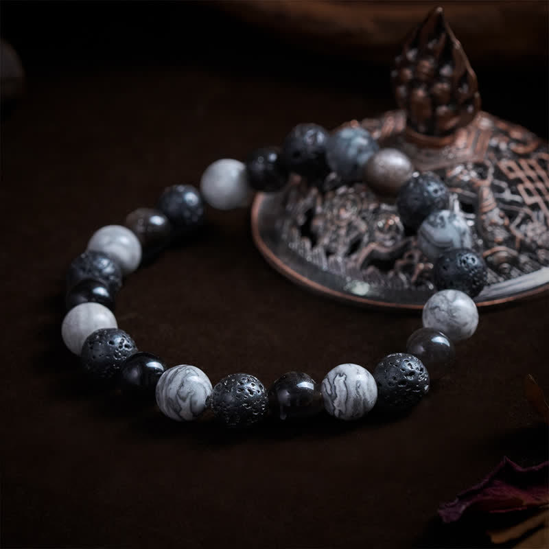 Buddha Stones Bransoletka z koralików z czarnego obsydianu i lawy Picasso Jasper - image 3