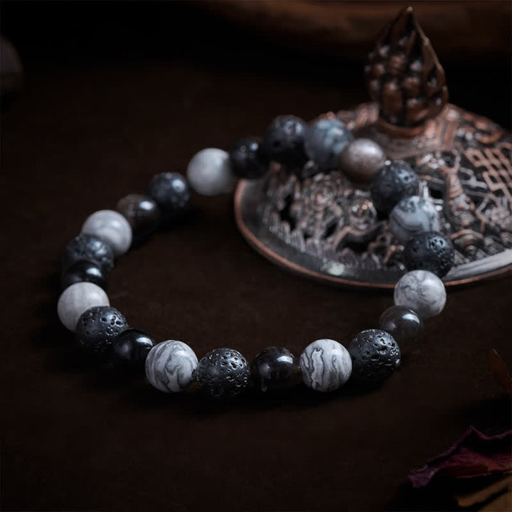 Buddha Stones Bransoletka z koralików z czarnego obsydianu i lawy Picasso Jasper - image 3
