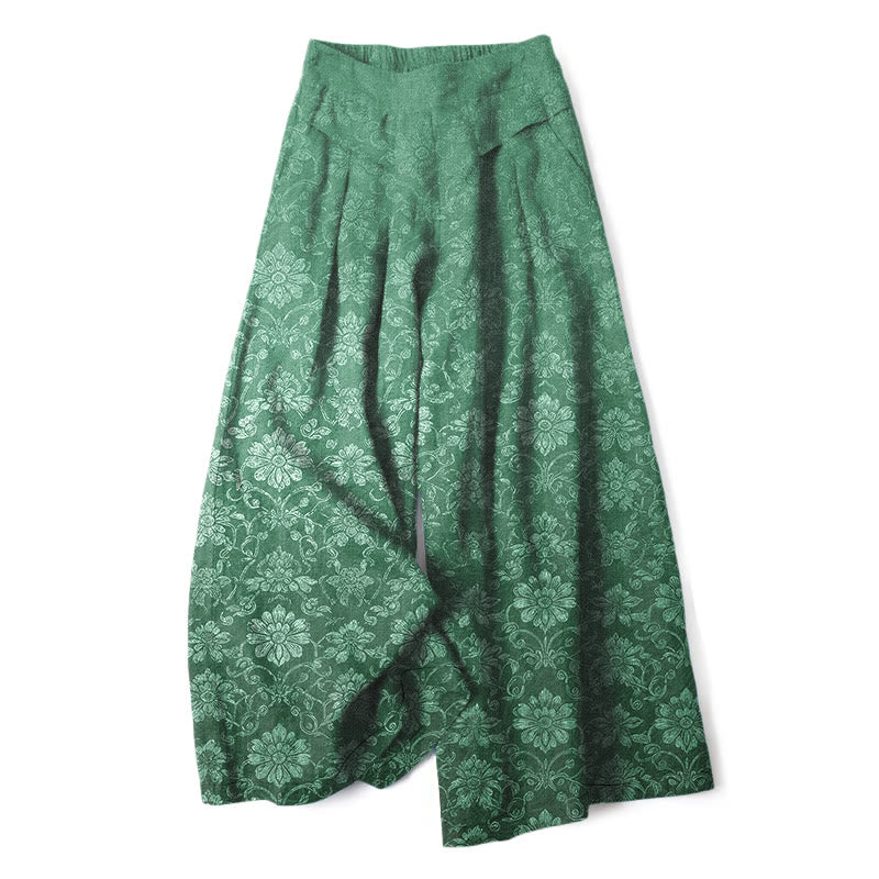 Buddha Stones Spodnie damskie z szerokimi nogawkami i elastyczną talią, z szerokimi nogawkami i kieszeniami, z bawełny i lnu, w kwiaty vintage - SeaGreen - US16, UK/AU20, EU48 (3XL) - image 6