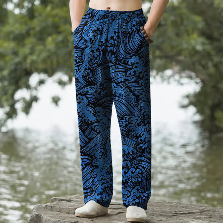 Buddha Stones Spodnie męskie zwężane z bawełny z wzorem fal oceanicznych i kieszeniami - RoyalBlue - US/UK/AU50, EU60 (5XL) - image 0