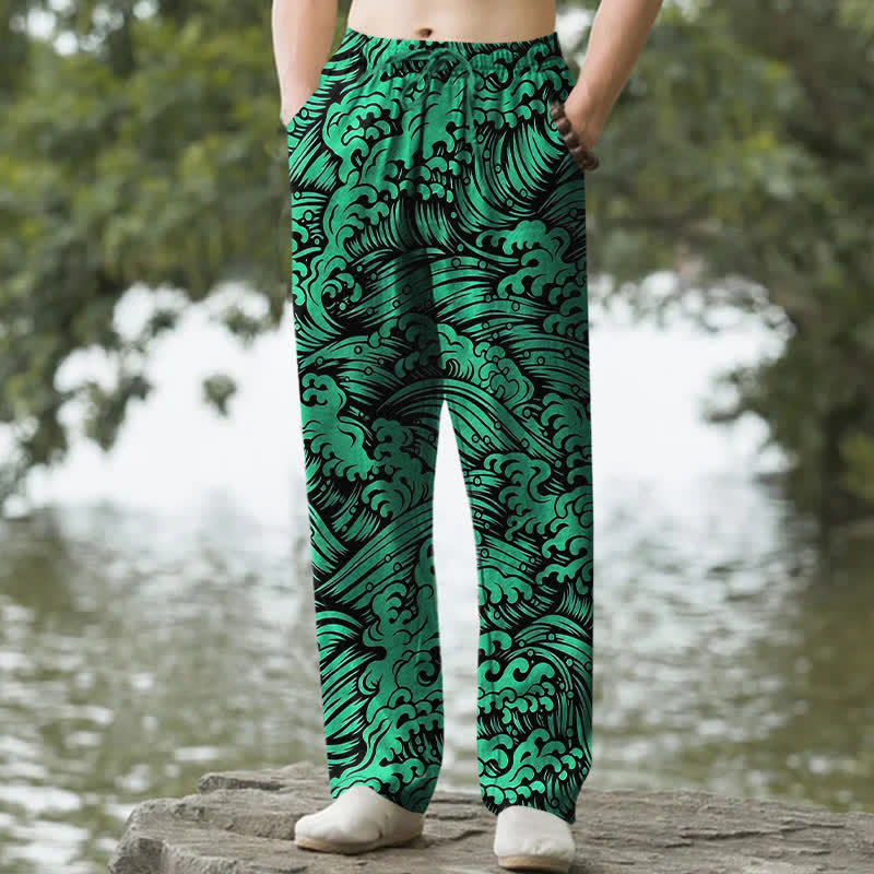 Buddha Stones Spodnie męskie zwężane z bawełny z wzorem fal oceanicznych i kieszeniami - Forestgreen - US/UK/AU50, EU60 (5XL) - image 6