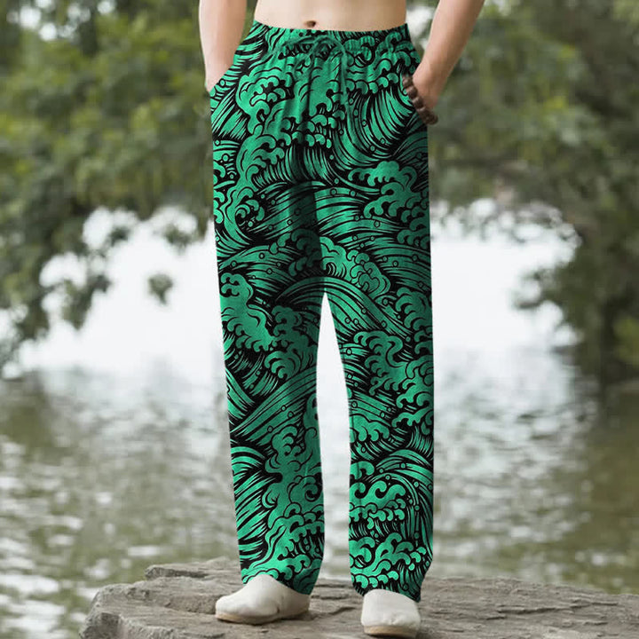 Buddha Stones Spodnie męskie zwężane z bawełny z wzorem fal oceanicznych i kieszeniami - Forestgreen - US/UK/AU50, EU60 (5XL) - image 6