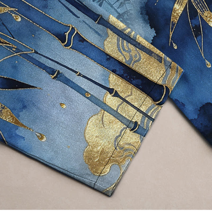 Buddha Stones Spodnie męskie zwężane z bawełny w złoty wzór liścia bambusa z kieszeniami - image 3