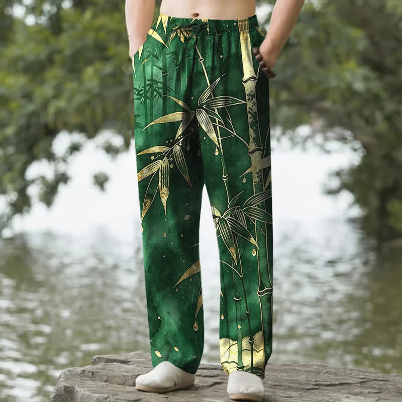Buddha Stones Spodnie męskie zwężane z bawełny w złoty wzór liścia bambusa z kieszeniami - ForestGreen - US/UK/AU50, EU60 (5XL) - image 4