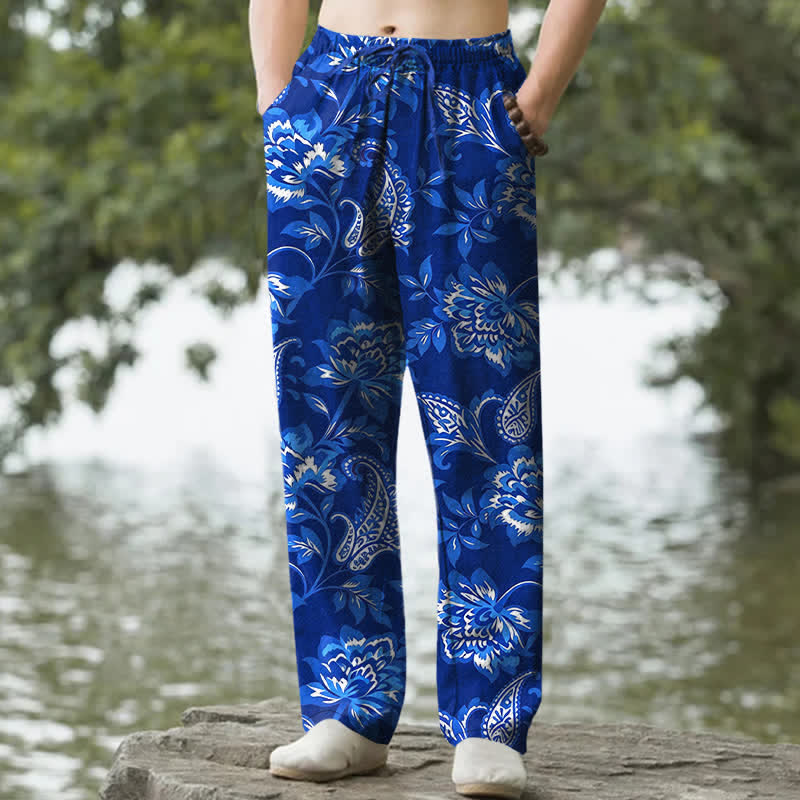 Buddha Stones Spodnie męskie zwężane z bawełny w kolorze niebieskim z kwiatowym wzorem paisley i kieszeniami - RoyalBlue - US/UK/AU50, EU60 (5XL) - image 4
