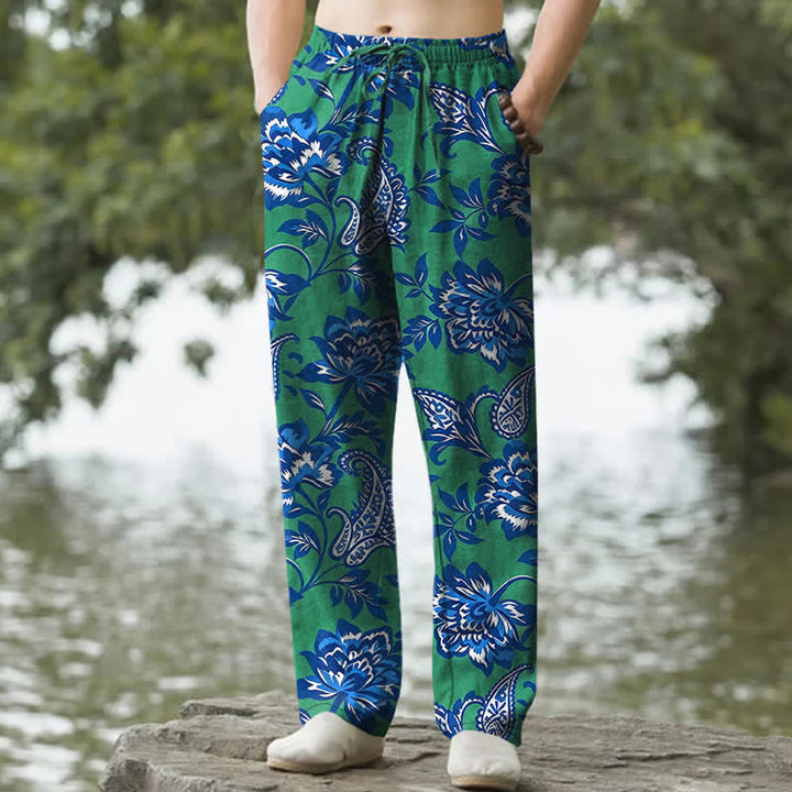 Buddha Stones Spodnie męskie zwężane z bawełny w kolorze niebieskim z kwiatowym wzorem paisley i kieszeniami - MediumSeaGreen - US/UK/AU50, EU60 (5XL) - image 6