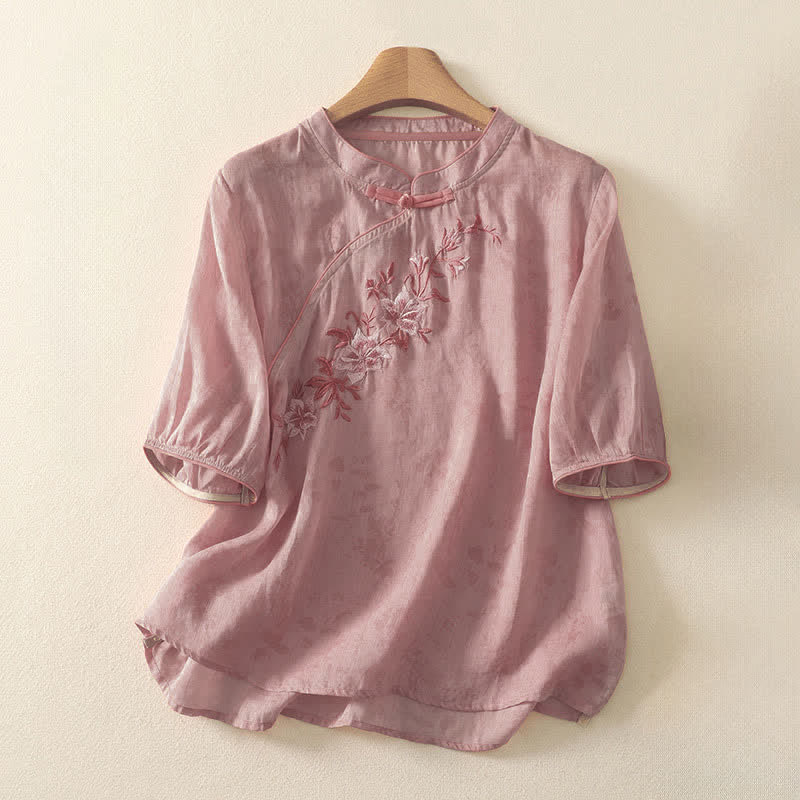 Buddha Stones Letnia koszula damska z krótkim rękawem i haftowanymi kwiatami w stylu Tang - PeachPuff - US8-10，UK/AU12-14，EU40-42 (2XL) - image 11