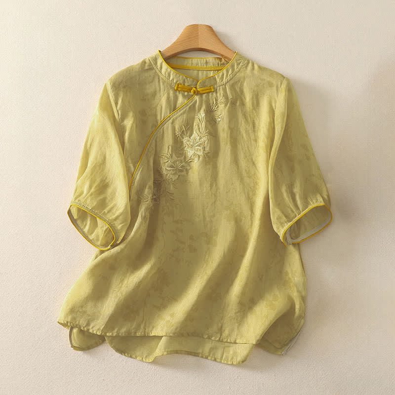 Buddha Stones Letnia koszula damska z krótkim rękawem i haftowanymi kwiatami w stylu Tang - khaki - US8-10，UK/AU12-14，EU40-42 (2XL) - image 0