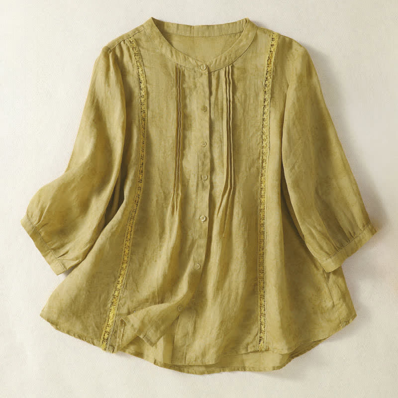 Buddha Stones Letnie, vintage'owe koszule damskie z guzikami i rękawami do łokcia - khaki - US8-10，UK/AU12-14，EU40-42 (2XL) - image 0