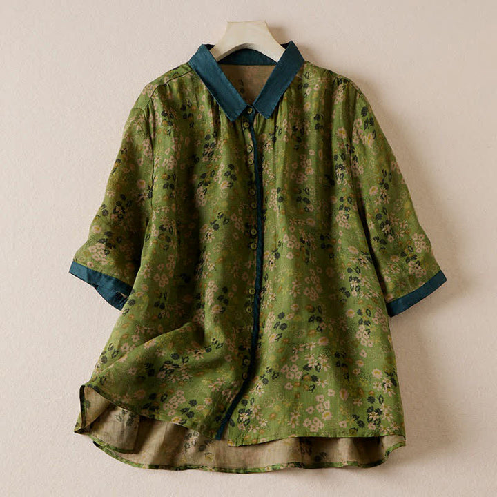 Buddha Stones Letnie koszule damskie z krótkim rękawem i nadrukiem w kwiaty, zapinane na guziki w stylu vintage - Oliwkowy - US8-10，UK/AU12-14，EU40-42 (2XL) - image 0
