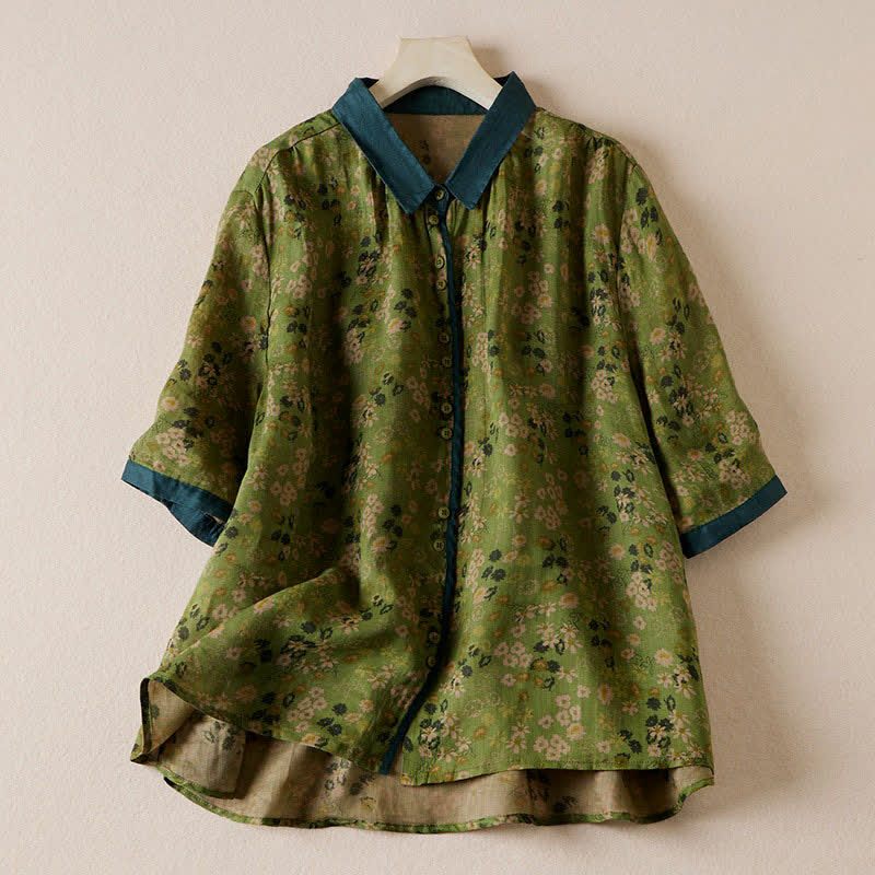 Buddha Stones Letnie koszule damskie z krótkim rękawem i nadrukiem w kwiaty, zapinane na guziki w stylu vintage - Oliwkowy - US8-10，UK/AU12-14，EU40-42 (2XL) - image 0