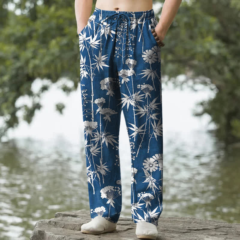 Buddha Stones Spodnie męskie zwężane z kieszeniami, bawełniane, z motywem kwiatowym i liśćmi bambusa - RoyalBlue - US/UK/AU50, EU60 (5XL) - image 0