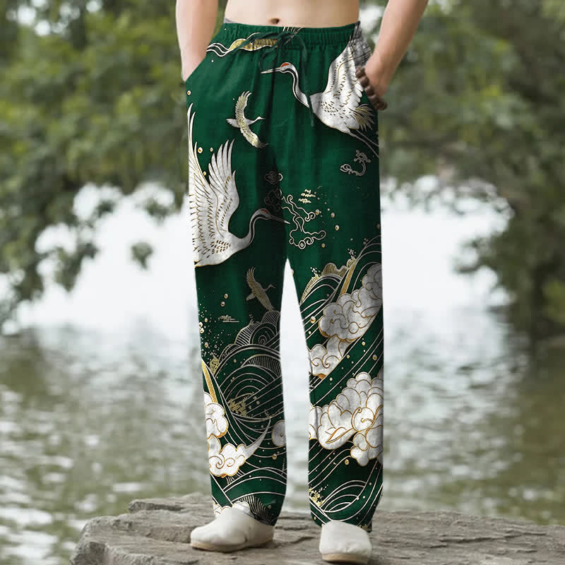Buddha Stones Spodnie męskie zwężane z bawełny w kolorze białym z wzorem fali żurawia i kieszeniami - ForestGreen - US/UK/AU50, EU60 (5XL) - image 4